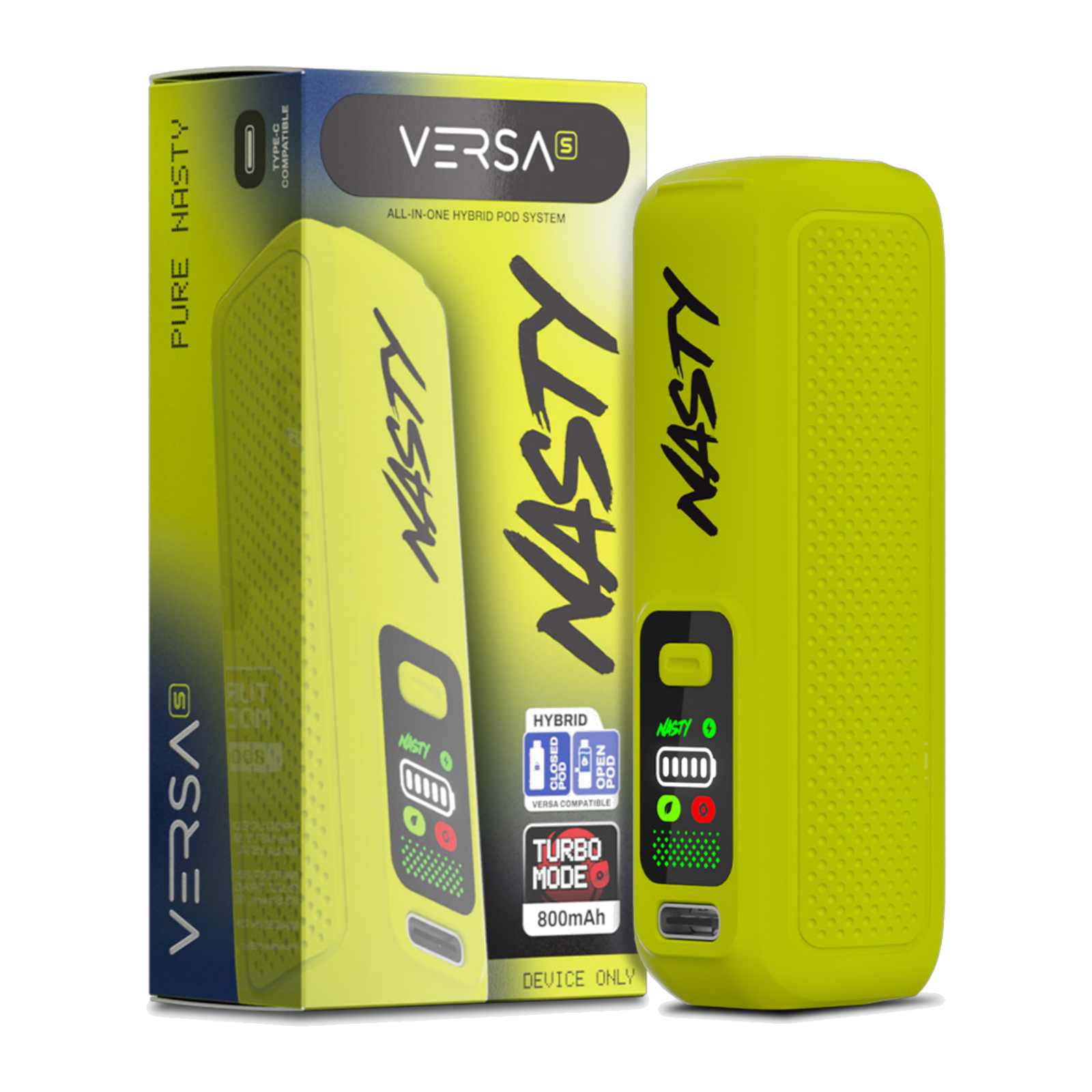 NASTY VERSA S device in Pure Nasty Green beside its retail box, its screen lit.