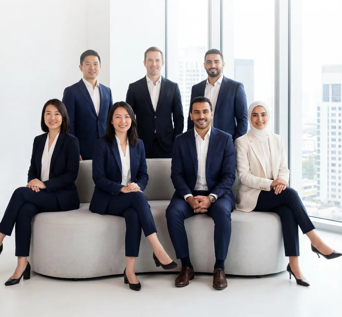 Eight colleagues on a low couch in the Dubai office, city glazing behind them.