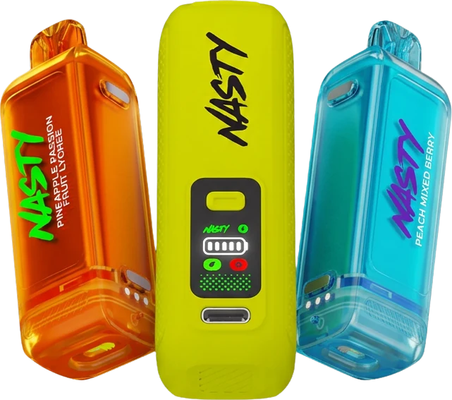 Three NASTY VERSA S devices: an orange Pineapple Passion Fruit Lychee pod, the yellow battery with its screen lit, and a blue Peach Mixed Berry pod.