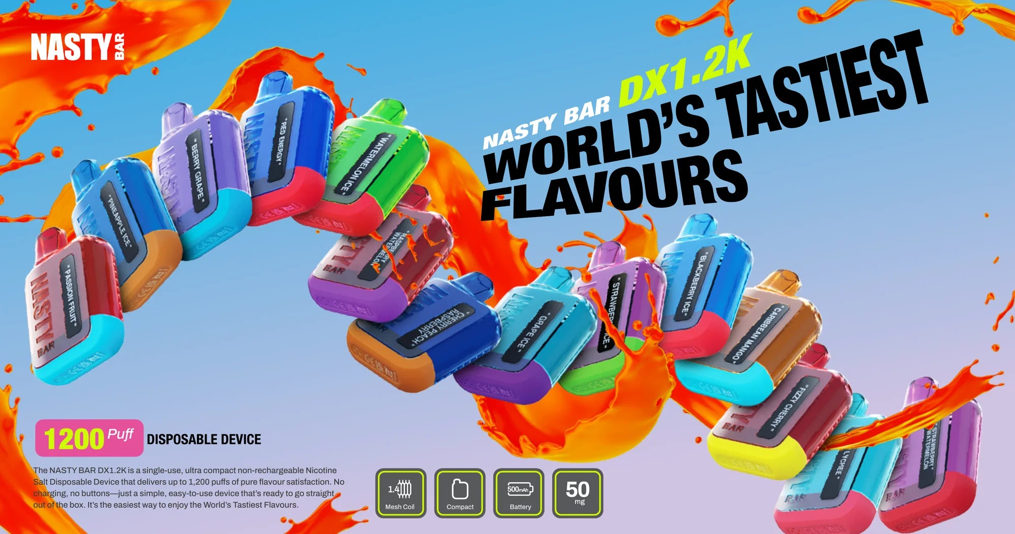 NASTY BAR DX 1.2K devices arranged in a spiral against an orange splash. World's tastiest flavours. Disposable device, 1,200 puffs.