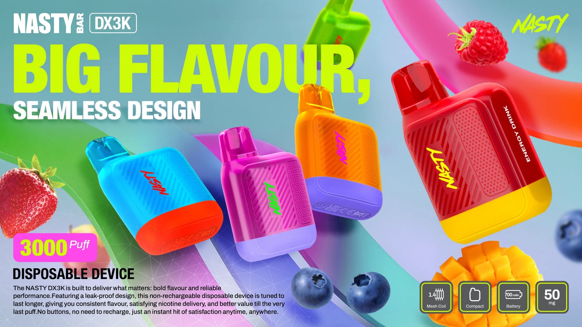 Five NASTY BAR DX3K devices with fruit against a pastel swirl. Disposable device, 3,000 puffs.