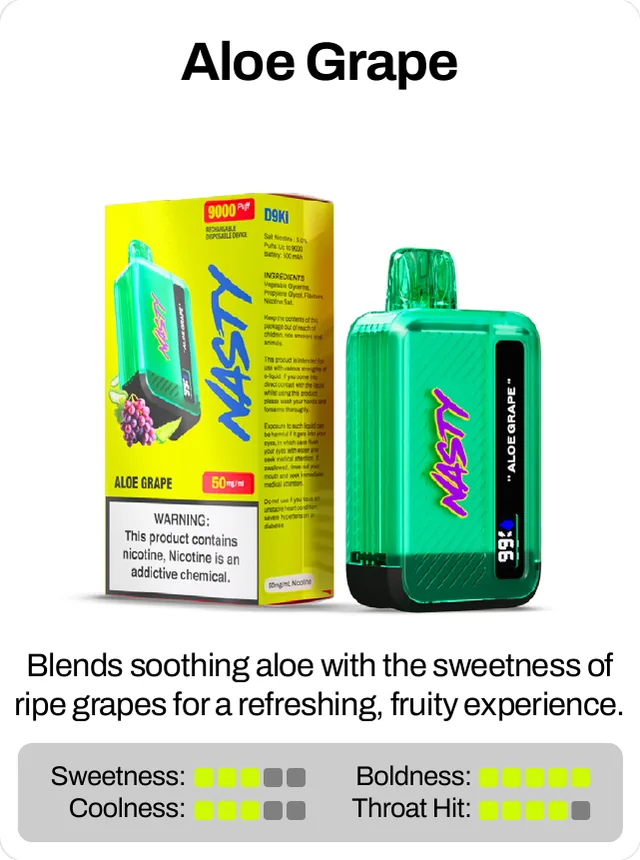 Aloe Grape. Blends soothing aloe with the sweetness of ripe grapes for a refreshing, fruity experience. Sweetness 3 of 5, boldness 5 of 5, coolness 3 of 5, throat hit 4 of 5.