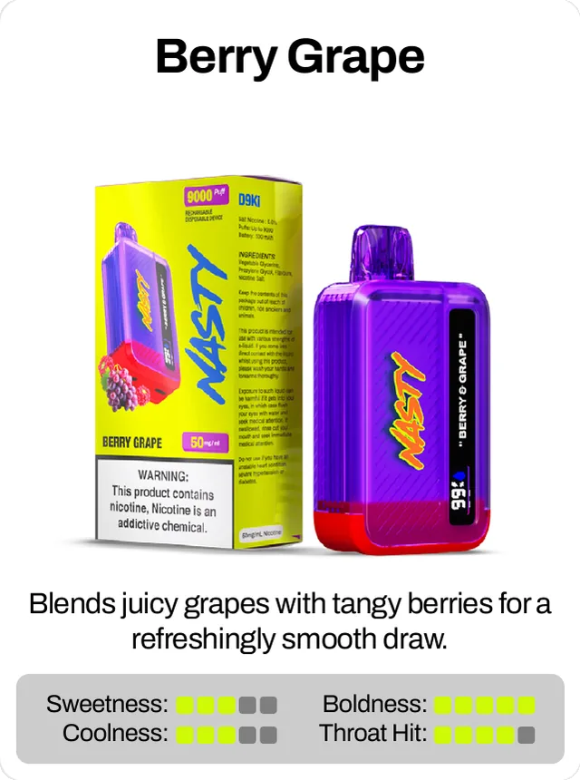 Berry Grape. Blends juicy grapes with tangy berries for a refreshingly smooth draw. Sweetness 3 of 5, boldness 5 of 5, coolness 3 of 5, throat hit 4 of 5.
