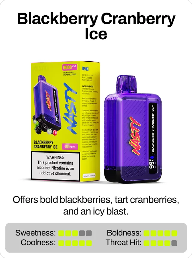 Blackberry Cranberry Ice. Offers bold blackberries, tart cranberries, and an icy blast. Sweetness 3 of 5, boldness 5 of 5, coolness 5 of 5, throat hit 4 of 5.