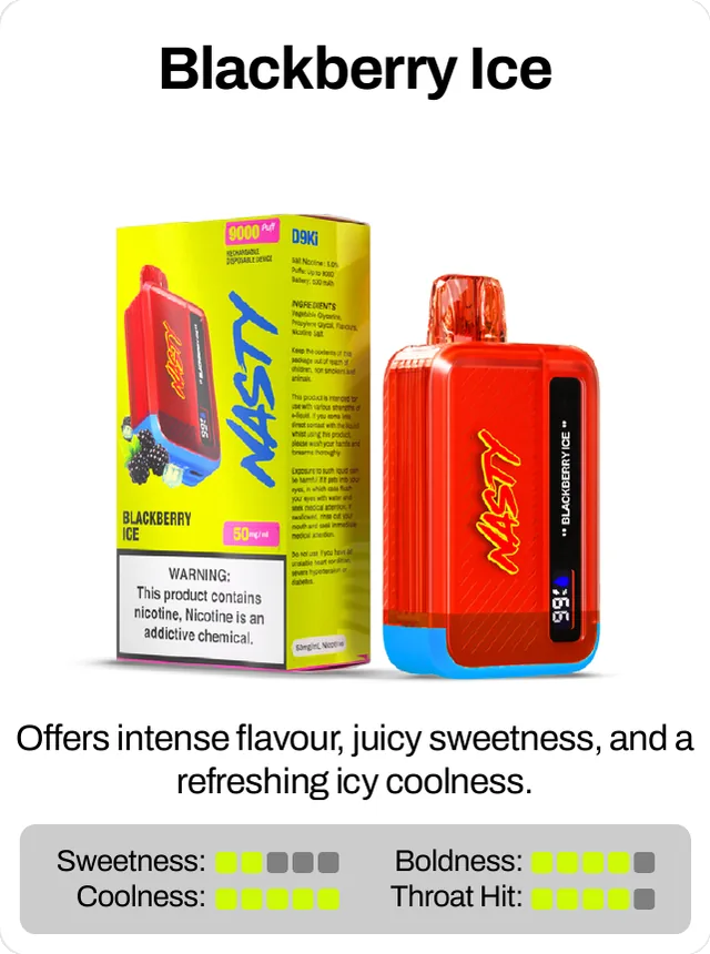 Blackberry Ice. Offers intense flavour, juicy sweetness, and a refreshing icy coolness. Sweetness 2 of 5, boldness 4 of 5, coolness 5 of 5, throat hit 4 of 5.