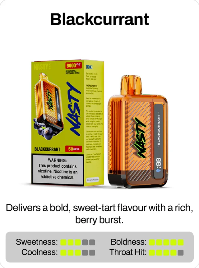 Blackcurrant. Delivers a bold, sweet-tart flavour with a rich, berry burst. Sweetness 3 of 5, coolness 3 of 5, throat hit 4 of 5, boldness 5 of 5.