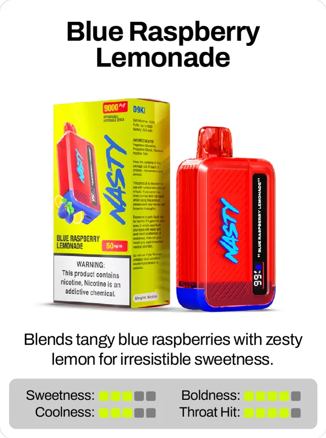 Blue Raspberry Lemonade. Blends tangy blue raspberries with zesty lemon for irresistible sweetness. Sweetness 3 of 5, coolness 3 of 5, throat hit 4 of 5, boldness 4 of 5.