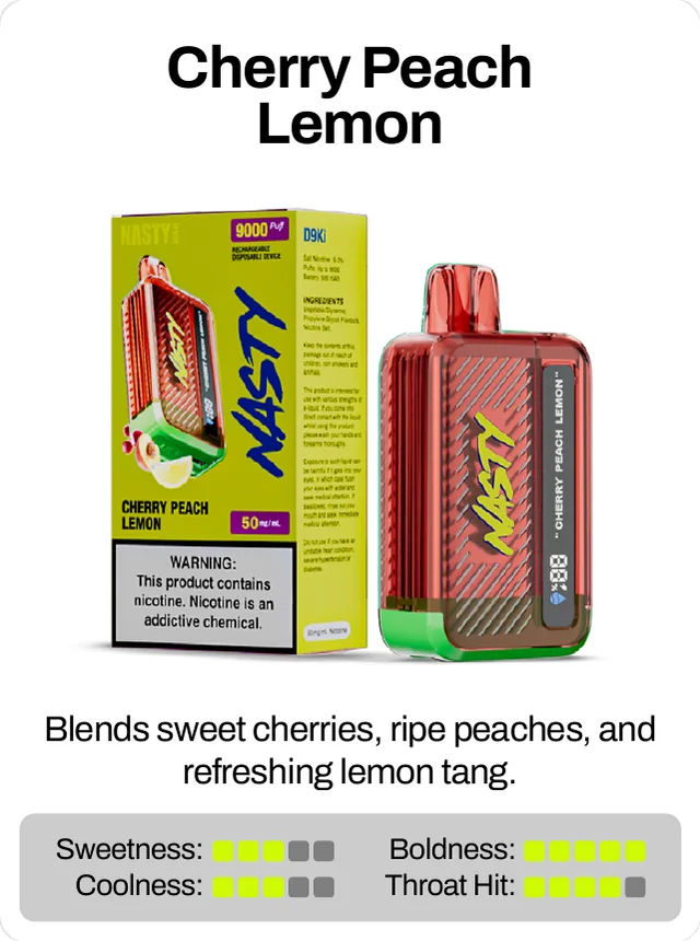 Cherry Peach Lemon. Blends sweet cherries, ripe peaches, and refreshing lemon tang. Sweetness 3 of 5, coolness 3 of 5, throat hit 4 of 5, boldness 5 of 5.