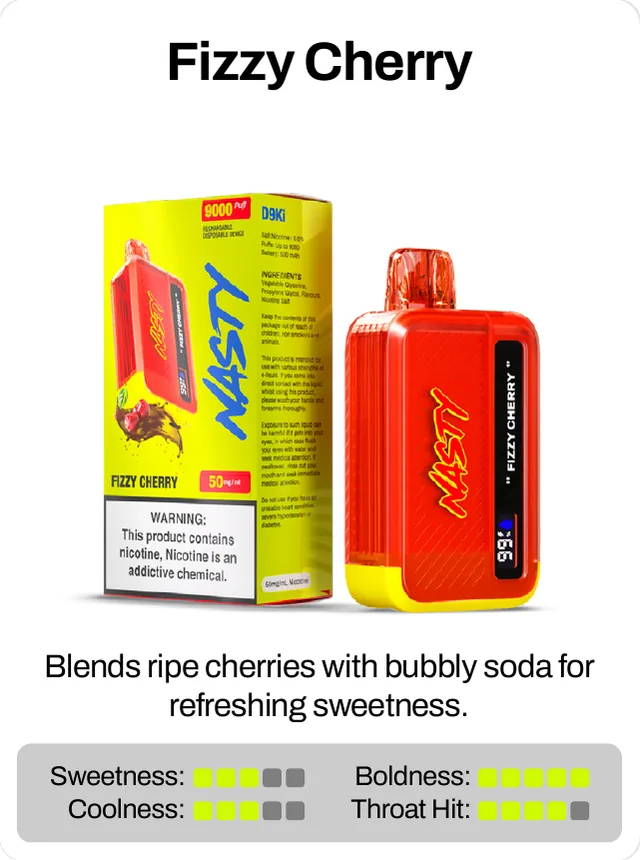Fizzy Cherry. Blends ripe cherries with bubbly soda for refreshing sweetness. Sweetness 3 of 5, coolness 3 of 5, throat hit 4 of 5, boldness 5 of 5.