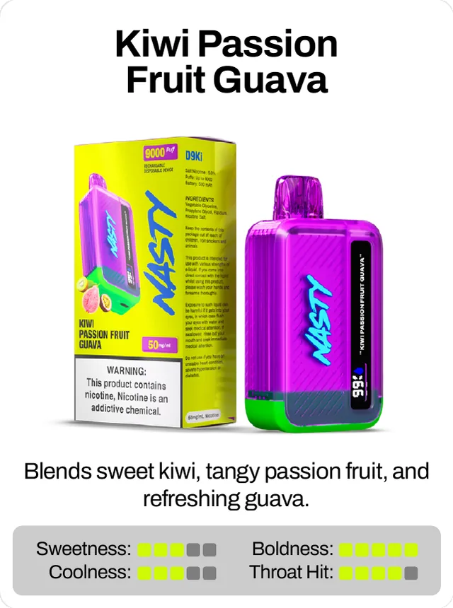 Kiwi Passion Fruit Guava. Blends sweet kiwi, tangy passion fruit, and refreshing guava. Sweetness 3 of 5, coolness 3 of 5, throat hit 4 of 5, boldness 5 of 5.