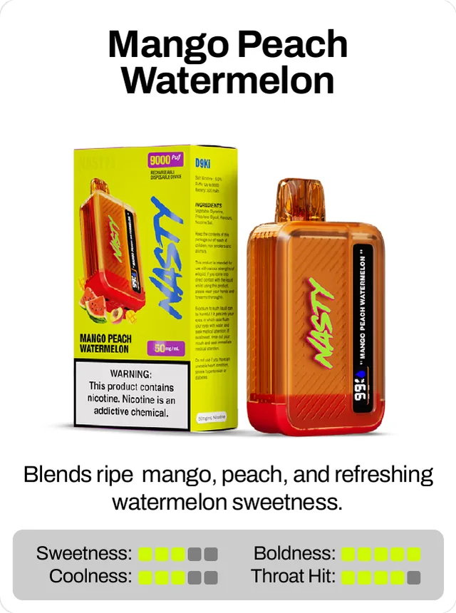 Mango Peach Watermelon. Blends ripe mango, peach, and refreshing watermelon sweetness. Sweetness 3 of 5, boldness 5 of 5, coolness 3 of 5, throat hit 4 of 5.