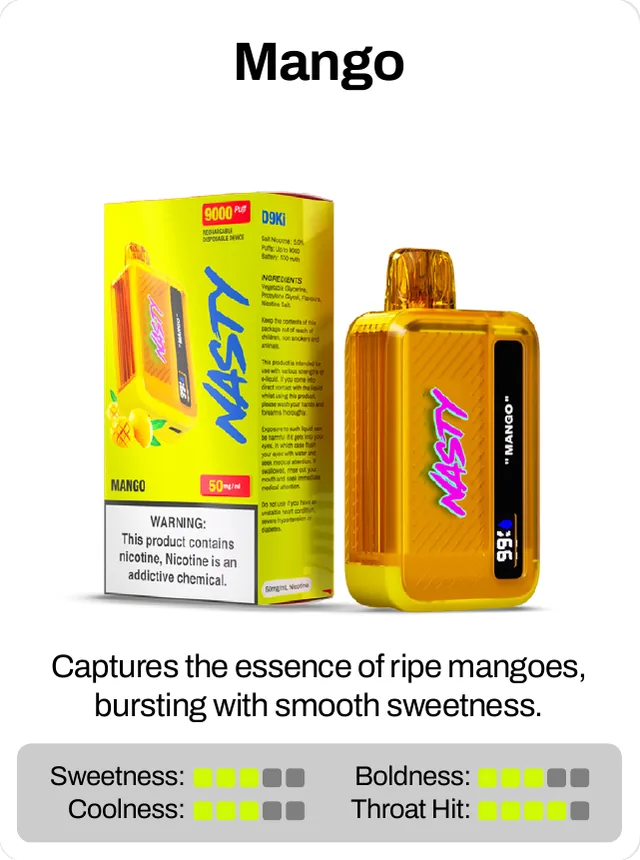 Mango. Captures the essence of ripe mangoes, bursting with smooth sweetness. Sweetness 3 of 5, coolness 3 of 5, throat hit 4 of 5, boldness 3 of 5.