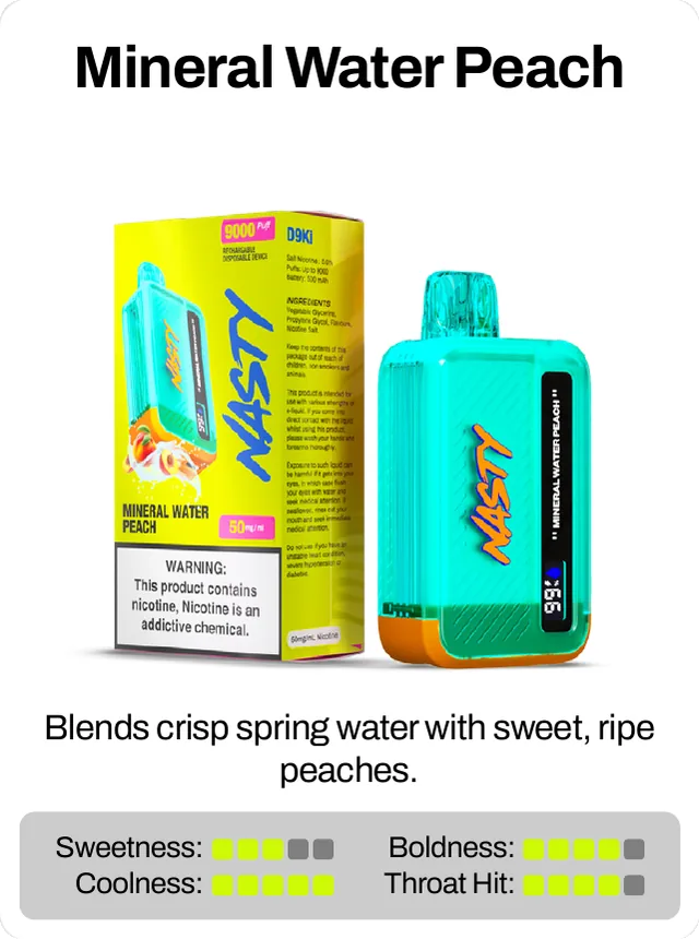 Mineral Water Peach. Blends crisp spring water with sweet, ripe peaches. Sweetness 3 of 5, coolness 5 of 5, throat hit 4 of 5, boldness 4 of 5.