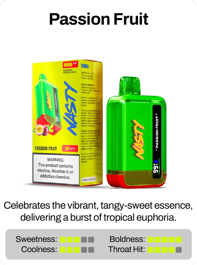 Passion Fruit. Celebrates the vibrant, tangy-sweet essence, delivering a burst of tropical euphoria. Sweetness 3 of 5, coolness 3 of 5, throat hit 4 of 5, boldness 5 of 5.