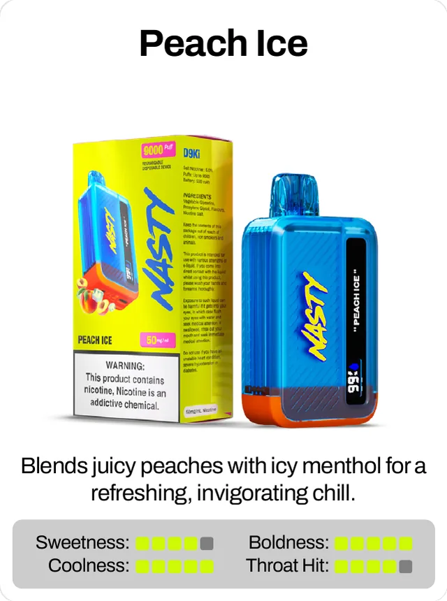 Peach Ice. Blends juicy peaches with icy menthol for a refreshing, invigorating chill. Sweetness 4 of 5, coolness 5 of 5, throat hit 4 of 5, boldness 5 of 5.