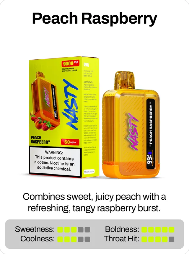 Peach Raspberry. Combines sweet, juicy peach with a refreshing, tangy raspberry burst. Sweetness 3 of 5, boldness 5 of 5, coolness 3 of 5, throat hit 4 of 5.