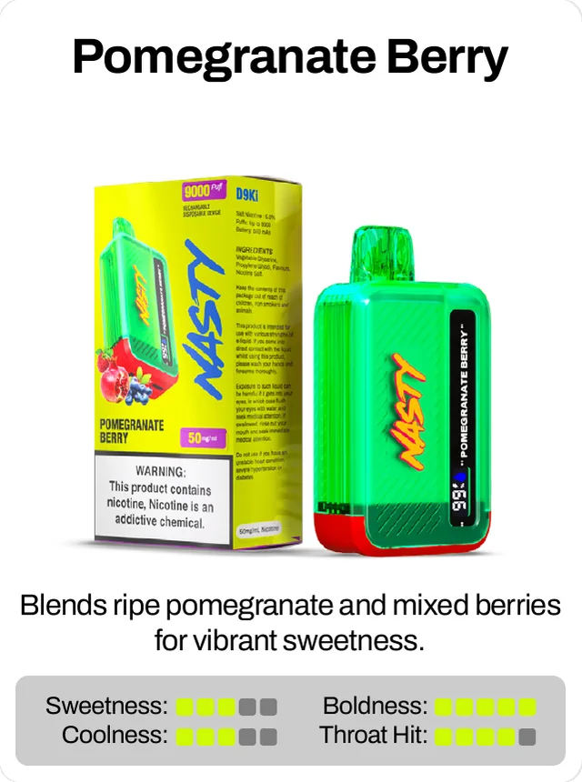 Pomegranate Berry. Blends ripe pomegranate and mixed berries for vibrant sweetness. Sweetness 3 of 5, boldness 5 of 5, coolness 3 of 5, throat hit 4 of 5.