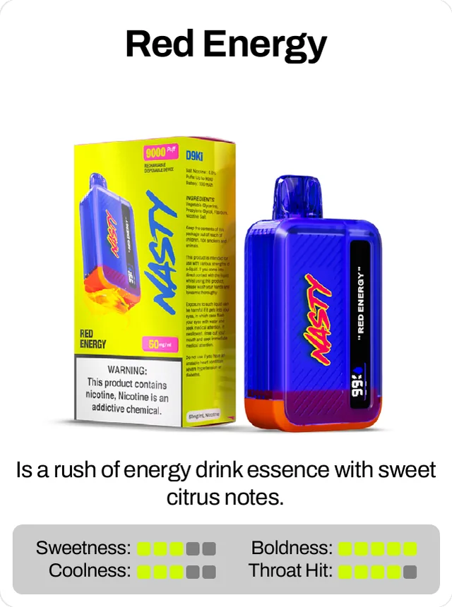 Red Energy. Is a rush of energy drink essence with sweet citrus notes. Sweetness 3 of 5, boldness 5 of 5, coolness 3 of 5, throat hit 4 of 5.