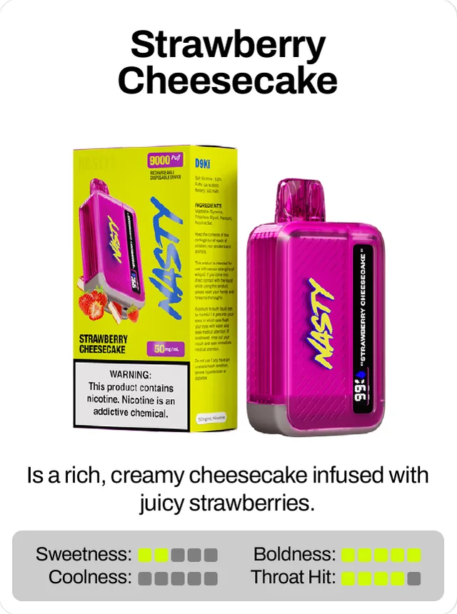 Strawberry Cheesecake. Is a rich, creamy cheesecake infused with juicy strawberries. Sweetness 2 of 5, boldness 5 of 5, coolness 0 of 5, throat hit 4 of 5.