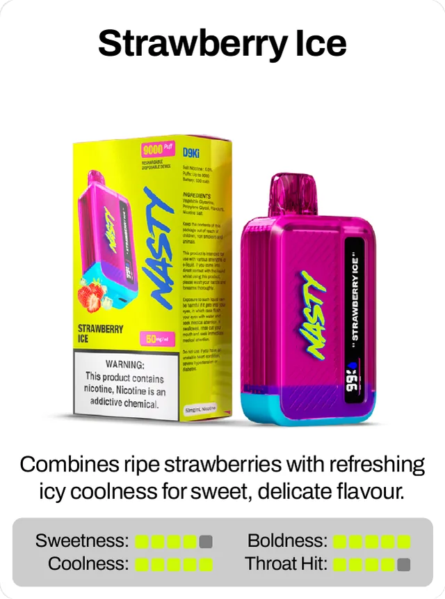 Strawberry Ice. Combines ripe strawberries with refreshing icy coolness for sweet, delicate flavour. Sweetness 4 of 5, coolness 5 of 5, throat hit 4 of 5, boldness 5 of 5.