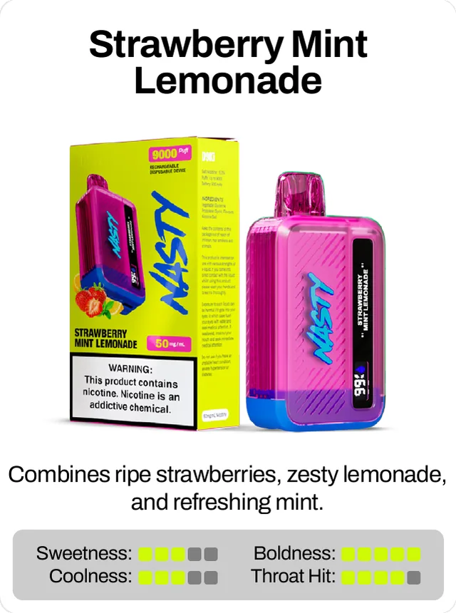 Strawberry Mint Lemonade. Combines ripe strawberries, zesty lemonade, and refreshing mint. Sweetness 3 of 5, boldness 5 of 5, coolness 3 of 5, throat hit 4 of 5.