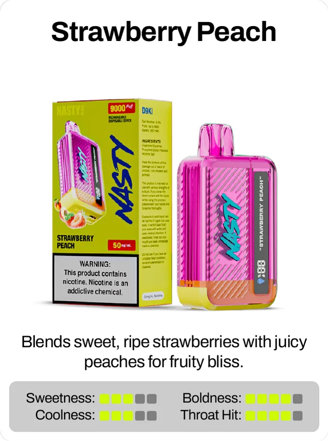 Strawberry Peach. Blends sweet, ripe strawberries with juicy peaches for fruity bliss. Sweetness 3 of 5, coolness 3 of 5, throat hit 4 of 5, boldness 4 of 5.