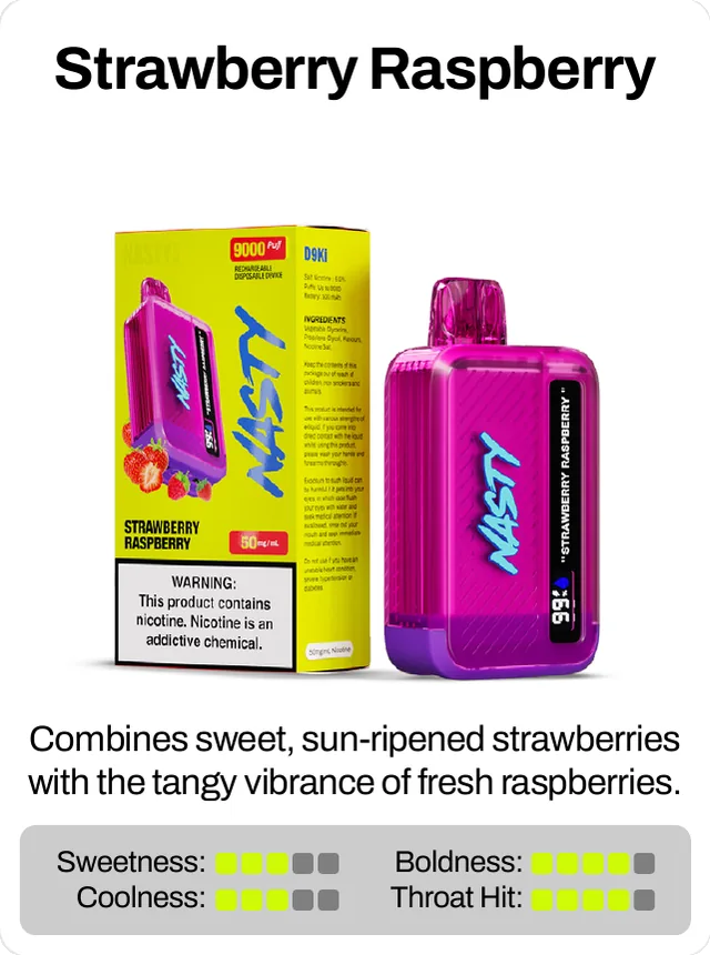 Strawberry Raspberry. Combines sweet, sun-ripened strawberries with the tangy vibrance of fresh raspberries. Sweetness 3 of 5, boldness 4 of 5, coolness 3 of 5, throat hit 4 of 5.