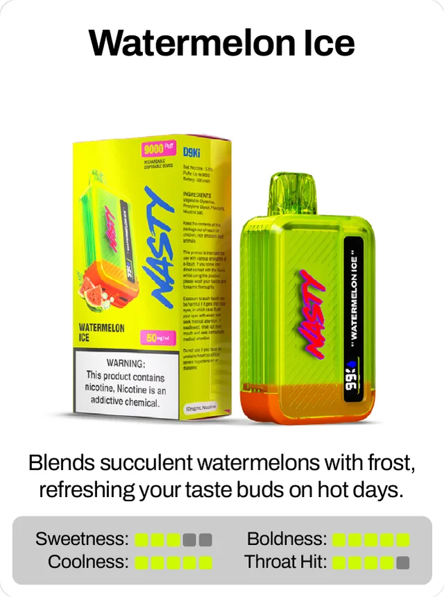 Watermelon Ice. Blends succulent watermelons with frost, refreshing your taste buds on hot days. Sweetness 3 of 5, coolness 5 of 5, throat hit 4 of 5, boldness 5 of 5.