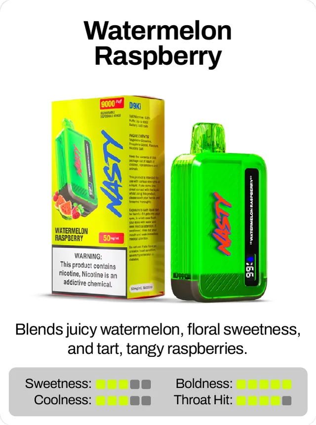 Watermelon Raspberry. Blends juicy watermelon, floral sweetness, and tart, tangy raspberries. Sweetness 3 of 5, coolness 3 of 5, throat hit 4 of 5, boldness 5 of 5.