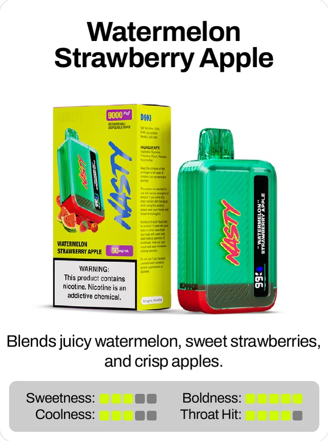 Watermelon Strawberry Apple. Blends juicy watermelon, sweet strawberries, and crisp apples. Sweetness 3 of 5, boldness 5 of 5, coolness 3 of 5, throat hit 4 of 5.