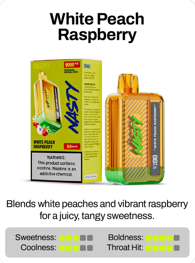White Peach Raspberry. Blends white peaches and vibrant raspberry for a juicy, tangy sweetness. Sweetness 3 of 5, coolness 3 of 5, throat hit 4 of 5, boldness 4 of 5.