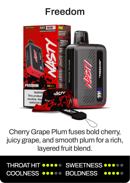 Freedom. Cherry Grape Plum fuses bold cherry, juicy grape, and smooth plum for a rich, layered fruit blend. Throat hit 4 of 5, sweetness 3 of 5, coolness 3 of 5, boldness 4 of 5.