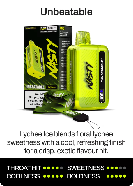 Unbeatable. Lychee Ice blends floral lychee sweetness with a cool, refreshing finish for a crisp, exotic flavour hit. Throat hit 4 of 5, sweetness 3 of 5, coolness 5 of 5, boldness 5 of 5.
