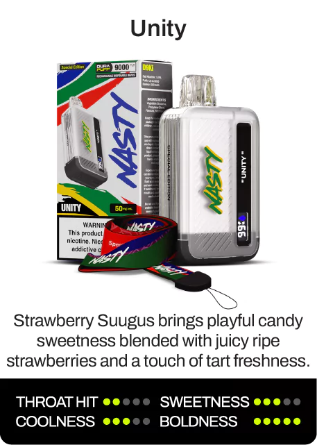 Unity. Strawberry Suugus brings playful candy sweetness blended with juicy ripe strawberries and a touch of tart freshness. Throat hit 2 of 5, sweetness 3 of 5, coolness 3 of 5, boldness 5 of 5.