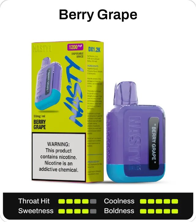 Berry Grape. Throat hit 4 of 5, coolness 5 of 5, sweetness 4 of 5, boldness 5 of 5.