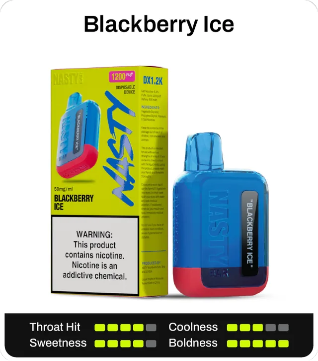 Blackberry Ice. Throat hit 4 of 5, coolness 3 of 5, sweetness 4 of 5, boldness 5 of 5.