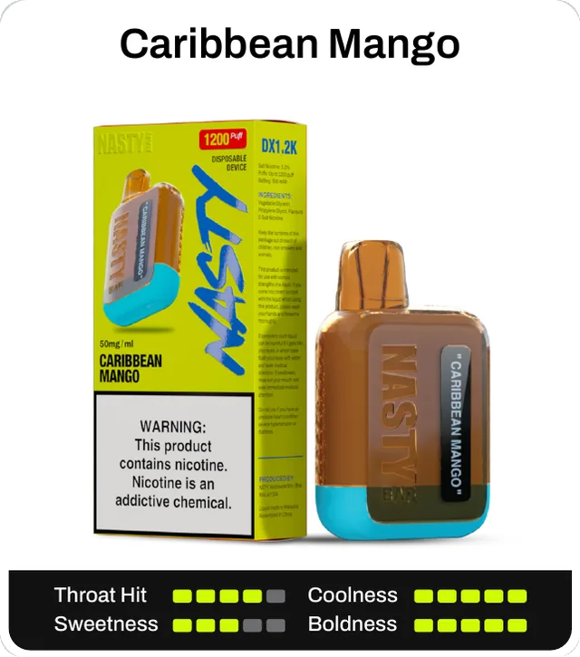 Caribbean Mango. Throat hit 4 of 5, coolness 5 of 5, sweetness 3 of 5, boldness 5 of 5.