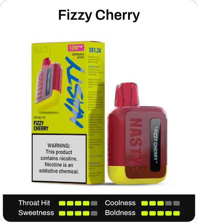 Fizzy Cherry. Throat hit 4 of 5, coolness 3 of 5, sweetness 4 of 5, boldness 5 of 5.