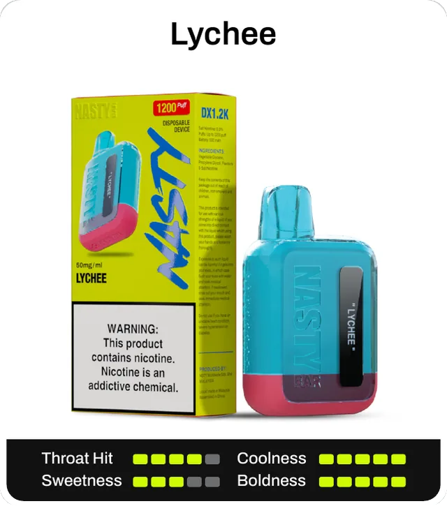 Lychee. Throat hit 4 of 5, coolness 5 of 5, sweetness 3 of 5, boldness 5 of 5.