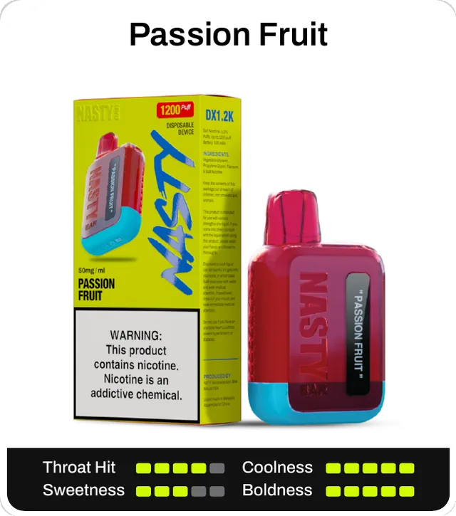 Passion Fruit. Throat hit 4 of 5, coolness 5 of 5, sweetness 3 of 5, boldness 5 of 5.