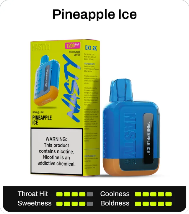Pineapple Ice. Throat hit 4 of 5, coolness 5 of 5, sweetness 4 of 5, boldness 5 of 5.