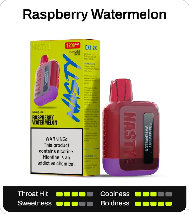 Raspberry Watermelon. Throat hit 4 of 5, coolness 3 of 5, sweetness 3 of 5, boldness 5 of 5.