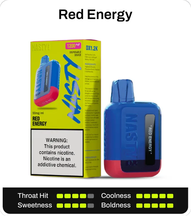 Red Energy. Throat hit 4 of 5, coolness 5 of 5, sweetness 4 of 5, boldness 5 of 5.