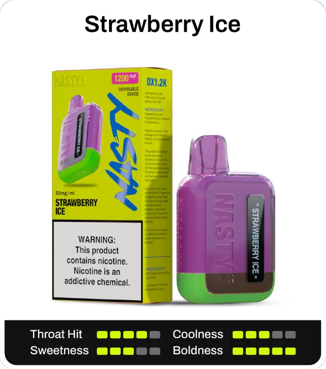 Strawberry Ice. Throat hit 4 of 5, coolness 3 of 5, sweetness 3 of 5, boldness 5 of 5.
