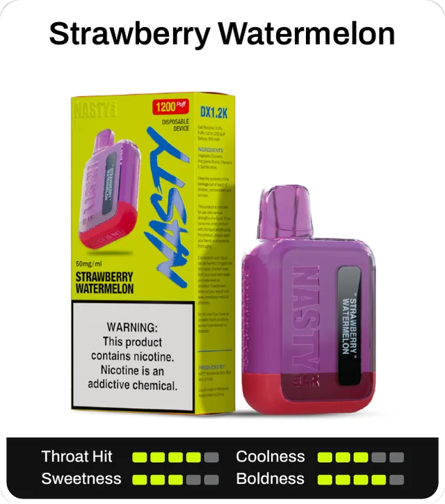 Strawberry Watermelon. Throat hit 4 of 5, coolness 3 of 5, sweetness 3 of 5, boldness 4 of 5.