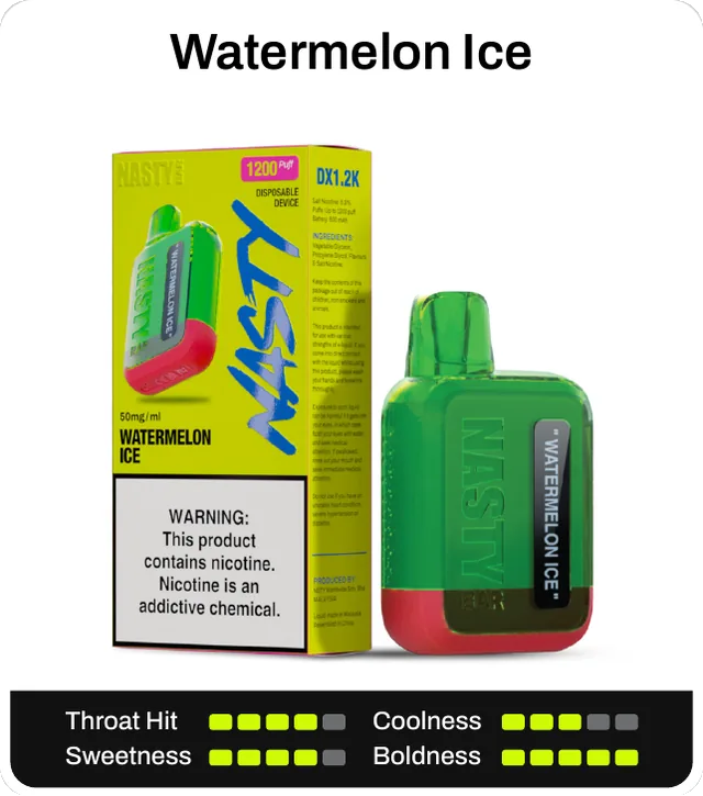 Watermelon Ice. Throat hit 4 of 5, coolness 3 of 5, sweetness 4 of 5, boldness 5 of 5.