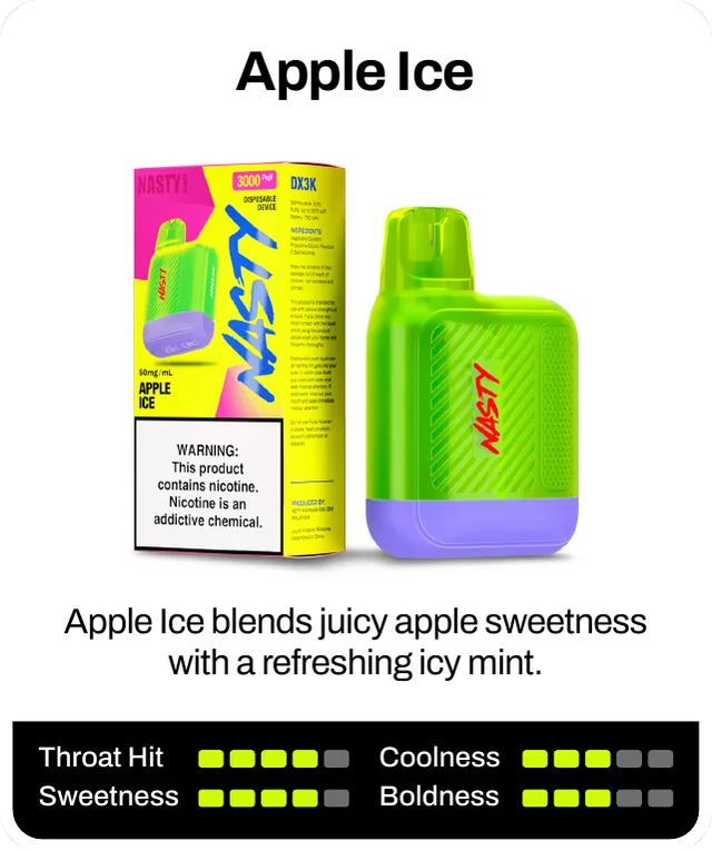 Apple Ice blends juicy apple sweetness with a refreshing icy mint. Throat hit 4 of 5, sweetness 4 of 5, boldness 3 of 5, coolness 3 of 5.