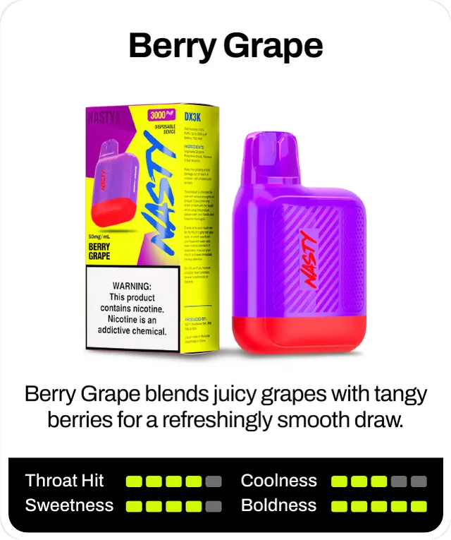 Berry Grape blends juicy grapes with tangy berries for a refreshingly smooth draw. Throat hit 4 of 5, sweetness 4 of 5, boldness 5 of 5, coolness 3 of 5.