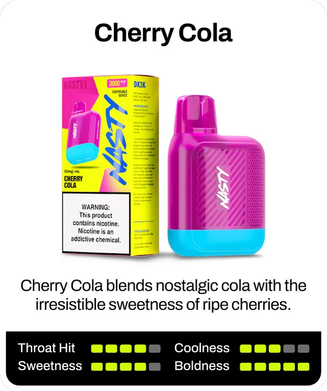 Cherry Cola blends nostalgic cola with the irresistible sweetness of ripe cherries. Throat hit 4 of 5, sweetness 4 of 5, boldness 5 of 5, coolness 3 of 5.