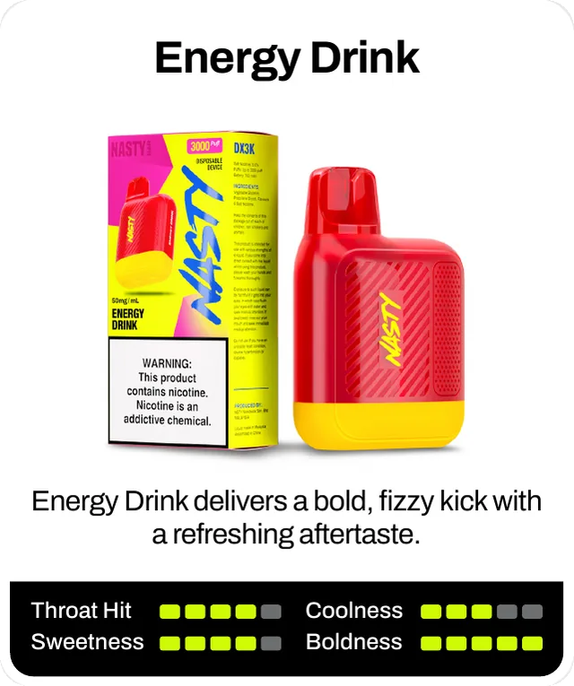 Energy Drink delivers a bold, fizzy kick with a refreshing aftertaste. Throat hit 4 of 5, sweetness 4 of 5, boldness 5 of 5, coolness 3 of 5.